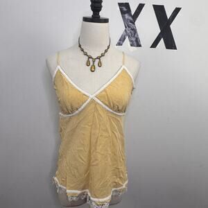 Vintage Y2K Yellow Silk Lace Trim Cami Babydoll Top Indie Fairy L